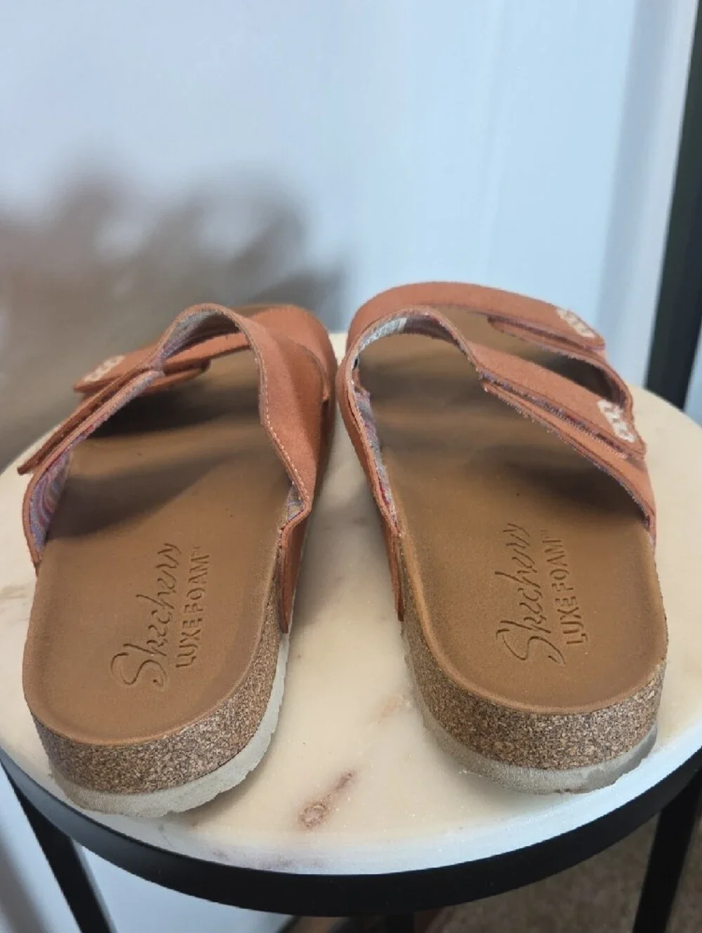 Skechers Women's Rust Faux Suede Double-Strap Cork Slide Sandals
